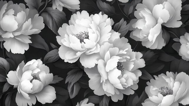 A vintage bouquet of velvety black and white peonies, a testament to the elegance of floral design, graces a backdrop reminiscent of baroque grandeur. The image could serve as a wallpaper, greeting