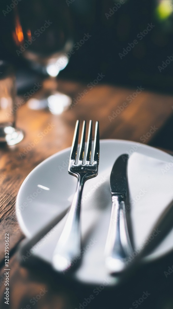 Poster dining setup with silver cutlery on a rustic wooden table in a cozy restaurant during dinner time. g