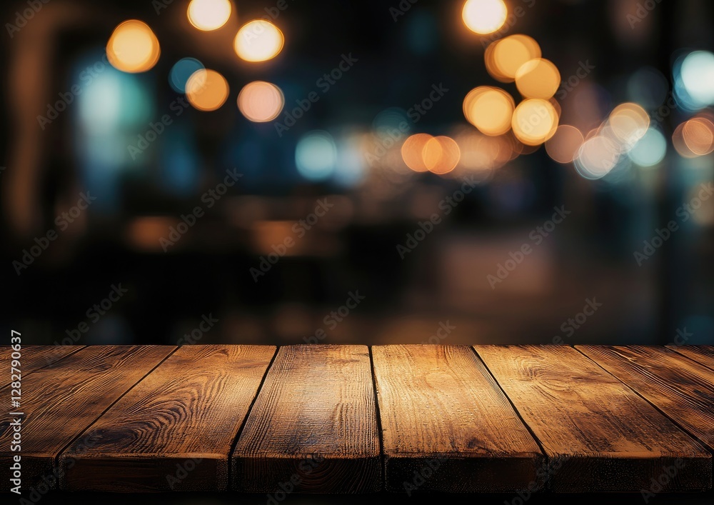 Poster empty wooden table in a dark cafe with bokeh lights