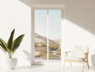 Modern Interior with Scenic View of Nature Through Glass Door