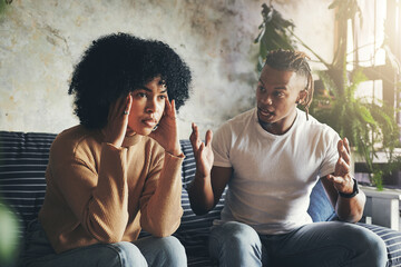 Frustrated couple, argument and fight with conflict on sofa for breakup, cheating affair or dispute...