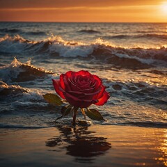 A fiery red rose at sunset, the golden light reflecting off the waves in the background.