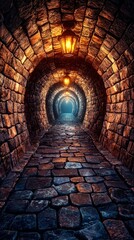 Lit stone tunnel pathway at night, ideal for mystery or adventure themes