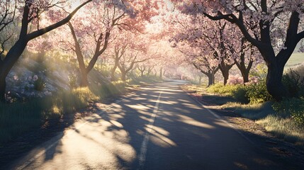 Fototapeta premium Sunlit Road Through Blossom Trees