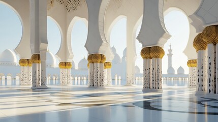 Serene Architectural Interior of Grand Mosque with Elegant Columns