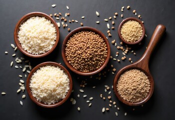 Assorted Grain Bowls with Wooden Spoon on Black Background