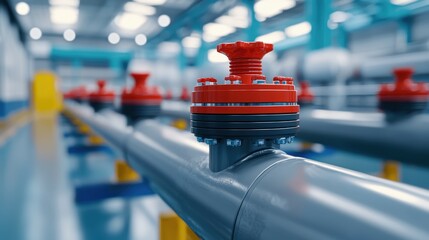 A close-up of industrial pipes with blue fittings and red valves, Fluid Level and Flow Control Using IoT sensors to adjust valves and pumps for maintaining desired fluid levels and flow rates
