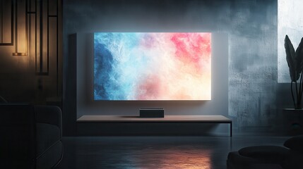 Fototapeta premium A sleek digital canvas, where a vibrant electronic wallpaper seamlessly integrated with a minimalist screen display, showcasing a captivating picture or image, evoking an aesthetic sense of