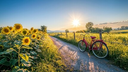 Naklejka premium Sunflowers, Sunset, and Cycling