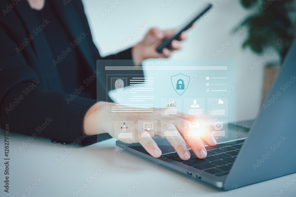 Poster cyber security data protection business technology privacy concept. user privacy security and encryp