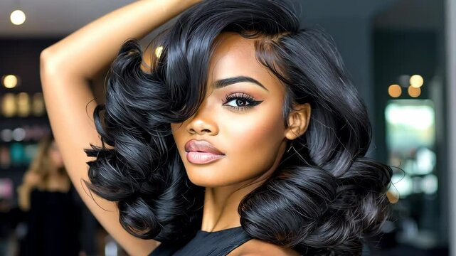 Stunning woman with elegant, curly black hair in a modern salon setting, showcasing beauty and confidence.