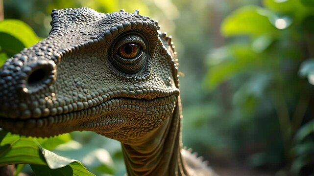 Dinosaur in the forest. The camera zooms in and takes a close-up shot