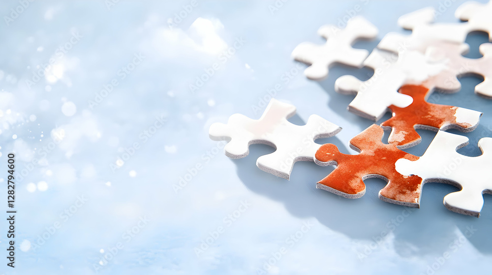 Poster jigsaw puzzle pieces on a blue background with bokeh lights; representing problem-solving, teamwork,