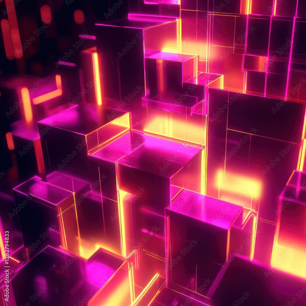 Poster neon pink and yellow rectangles and squares arrange in a 3d cascading staircase pattern, glowing in 