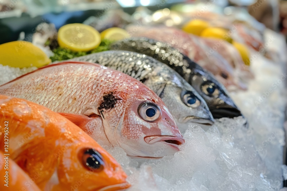 Poster fresh seafood display with various fish on ice at a market in the afternoon sun. generative ai