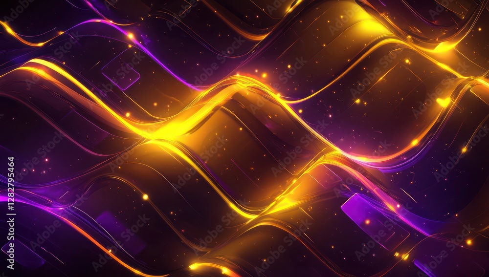 Poster layered neon rectangles in yellow and purple create a wave-like effect in a shadowy digital realm.