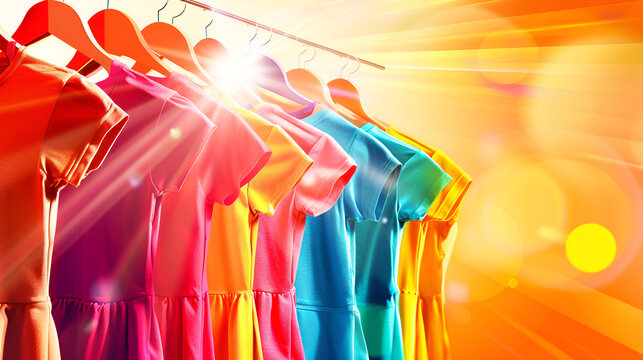 Fast fashion concept with full clothing store | AI-generated
Colorful Clothing Sale Banner for Retail Clearance Promotion with Bold Call to Action
Close up of vibrant vintage clothing collection