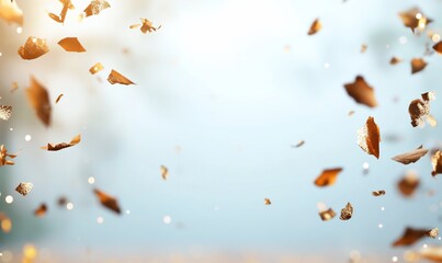 Golden confetti falling on light blue background.