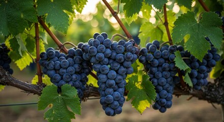 Fototapeta premium Luscious dark grapes hanging ready for harvest on a verdant vine