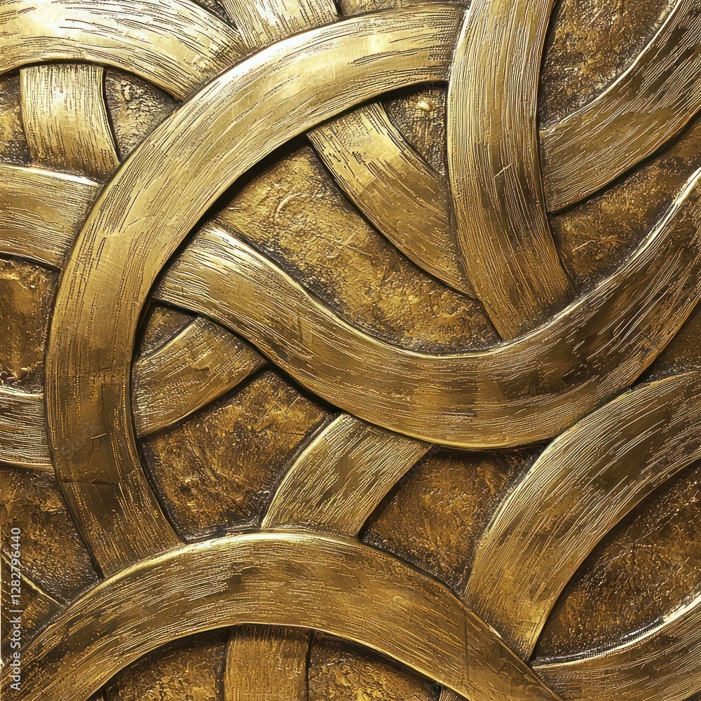 Poster brass artwork displaying interconnected patterns, with a matte surface accented by a golden sandy te