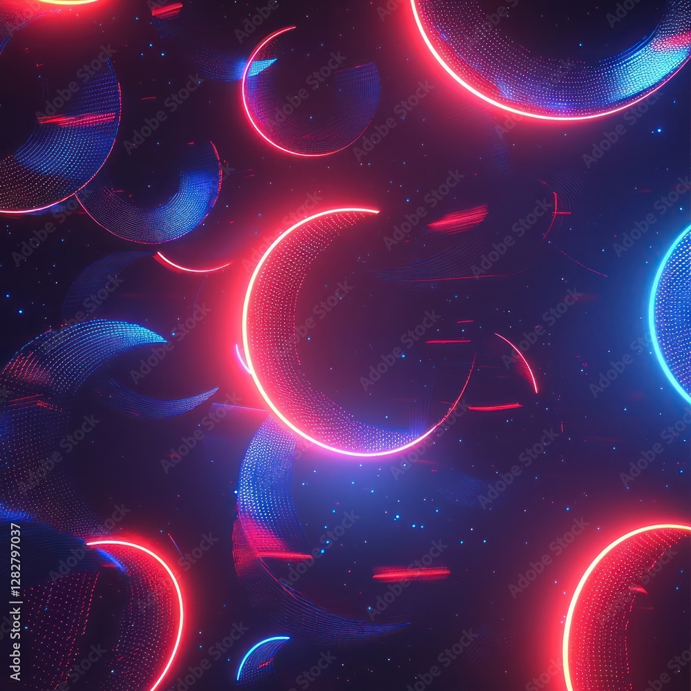 Poster soft glowing neon crescents in red and blue float suspended in a shadowy void of cyberspace, creatin