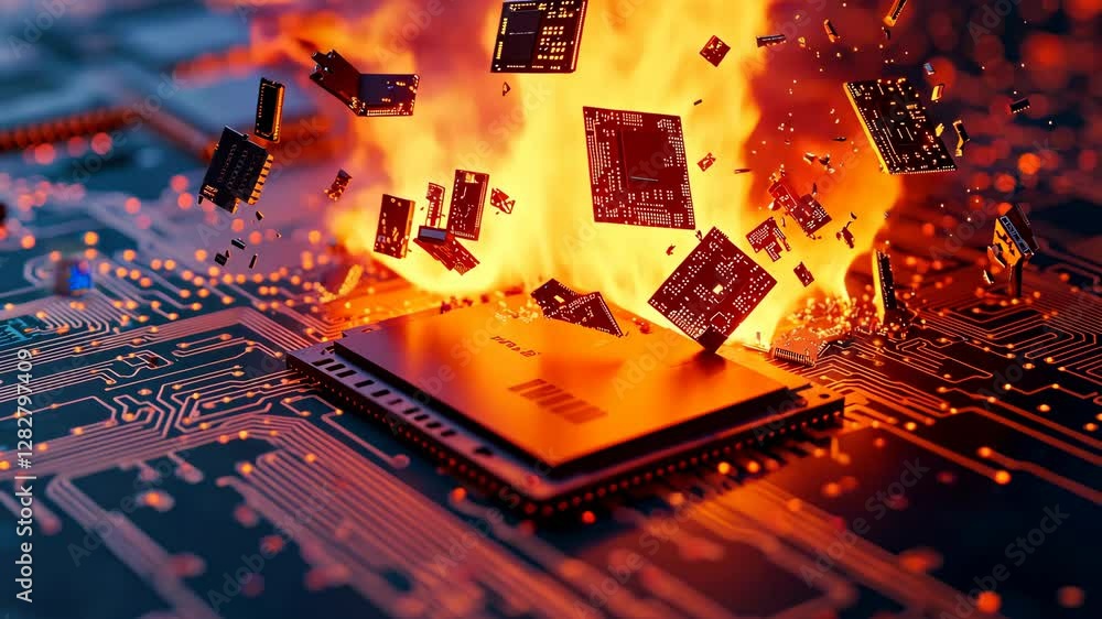 Poster a digital representation of a circuit board with an explosion of fire and chips, symbolizing technol
