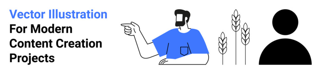 Man in blue shirt pointing, three stylized wheat stalks, and minimalist black human silhouette. Ideal for farming, profile creation, teamwork, communication, education, agriculture flat landing page
