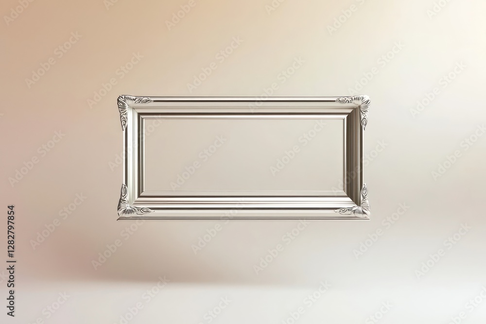 Poster symmetrically floating minimalist silver frame with beveled edges, set against a light gradient in a