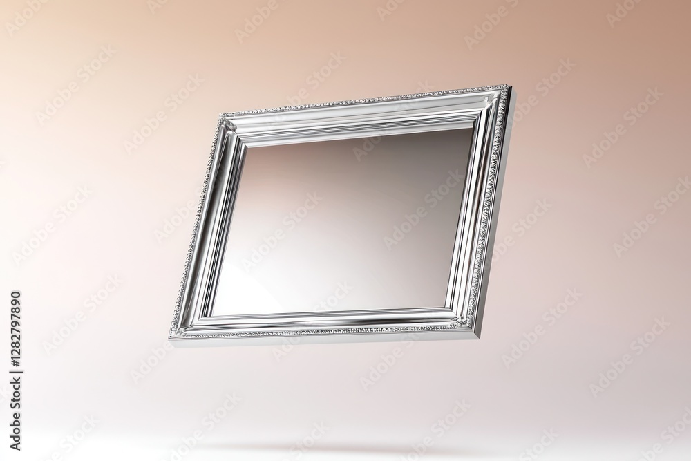 Poster dynamic holding of a sleek silver frame with bold edges in 3d, surrounded by a clean backdrop.