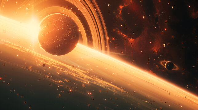 Dramatic fantastic background - exploding red planet approaching planet Earth, end of world, red glowing sun.
An artistic rendering of a distant exoplanet, with a glowing atmosphere and rings, orbitin