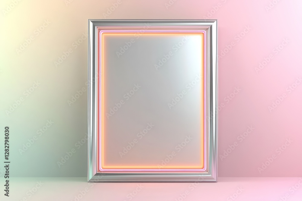 Aufkleber silver frame with neon glow, symmetrically arranged on a soft pastel gradient, in a 3d mock-up for v