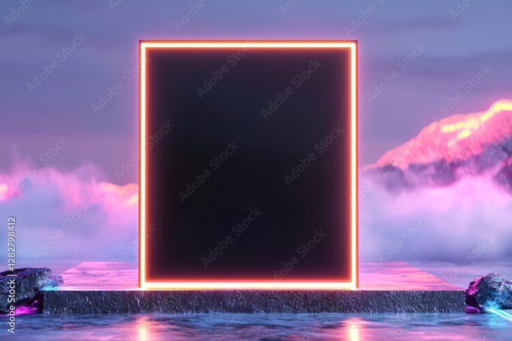 Poster glowing neon edges accent a minimalist black frame in 3d, floating on a futuristic matte backdrop.