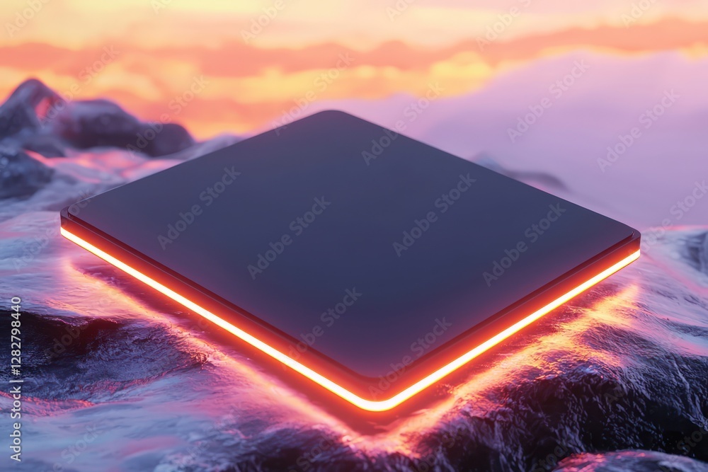 Poster glowing neon edges define a minimalist black frame in 3d, set elegantly on a futuristic matte surfac