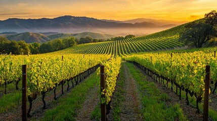 Fototapeta premium Vineyard Sunrise: Golden Hour