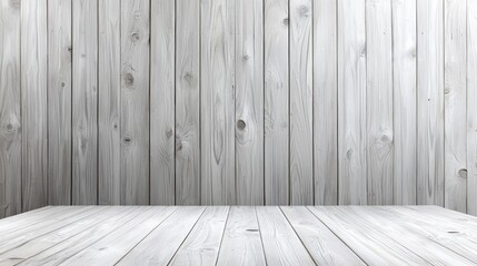 Naklejka premium Empty room corner with light grey wooden plank wall and floor illuminated by soft studio light.