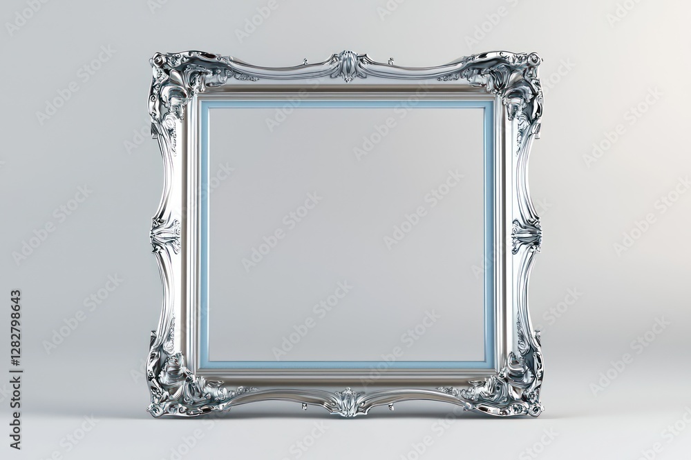 Poster soft blue edges enhance this ai-rendered silver frame in 3d, surrounded by extensive negative space.