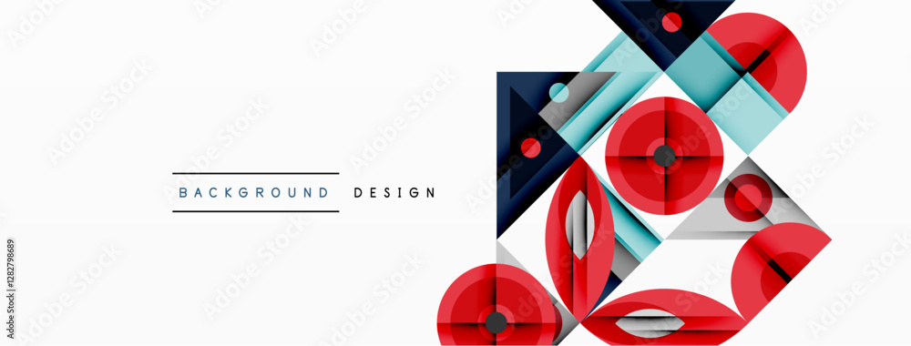 Poster geometric abstract composition with intersecting shapes, circles, triangles, and gradients, blending
