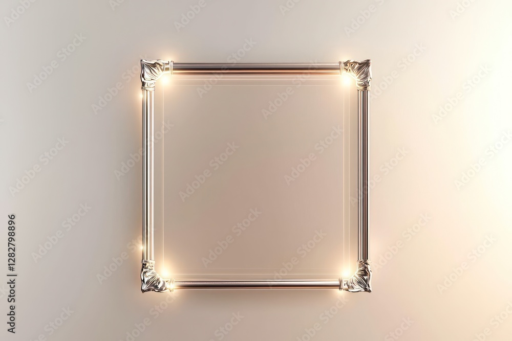Poster symmetrically floating platinum frame bordered by soft lights, rendered in 3d on a neutral gradient.
