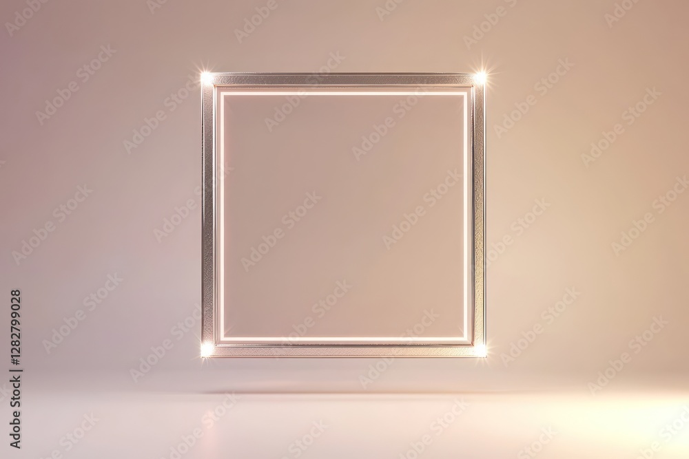 Poster soft light accents border a floating platinum frame in a symmetric 3d mock-up on a gradient.