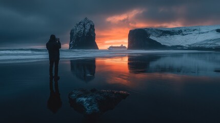Photographer captures dramatic sunset over Icelandic black sand beach with dramatic reflections