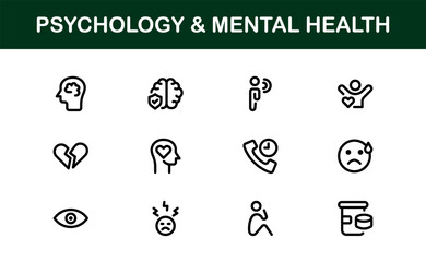 Psychology and Mental Health Icons Set. Essential Icons for Therapy, Counseling, and Mental Wellness