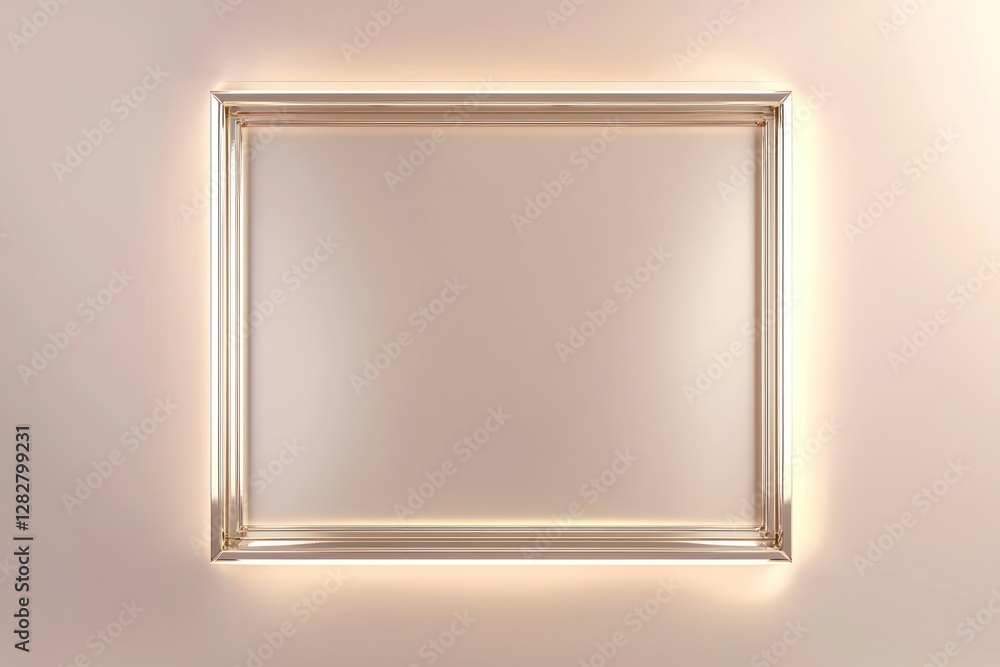 Poster dynamic presentation of a platinum frame with soft light accents, floating symmetrically in 3d on a 