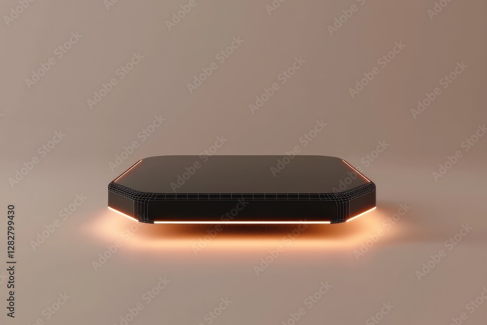 Poster floating black wireframe with glowing edges, presented symmetrically on a backdrop.