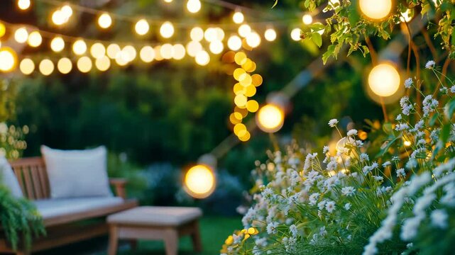 Cozy backyard garden decorated with string lights and wooden bench during evening, evoking summer relaxation and outdoor lifestyle atmosphere
