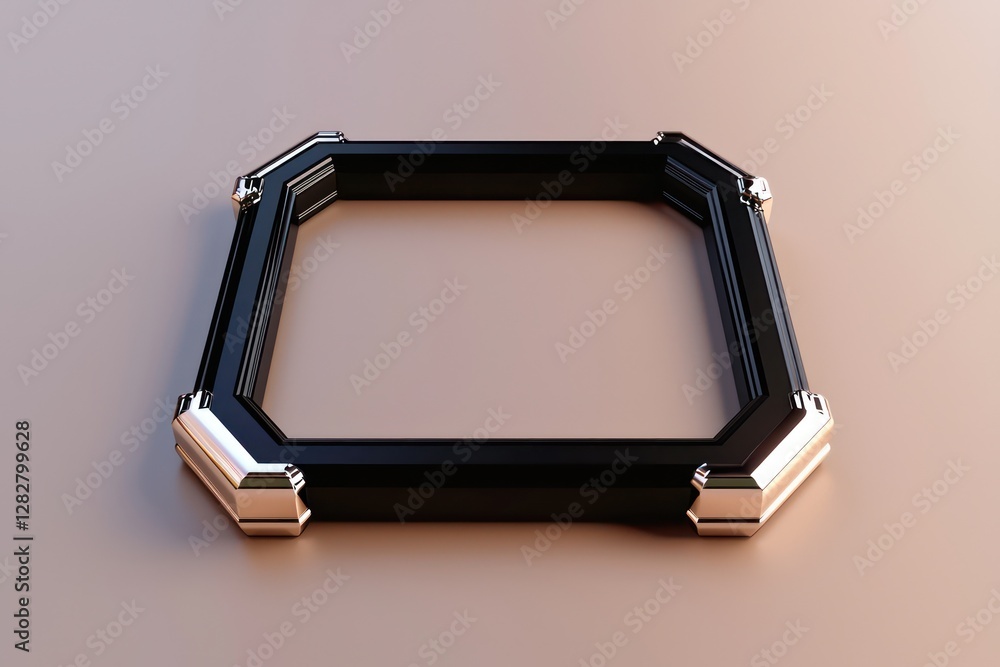 Aufkleber black frame, beveled with chrome, rests symmetrically in a 3d mock-up on a neutral matte gradient ba