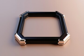 Black frame, beveled with chrome, rests symmetrically in a 3D mock-up on a neutral matte gradient backdrop.