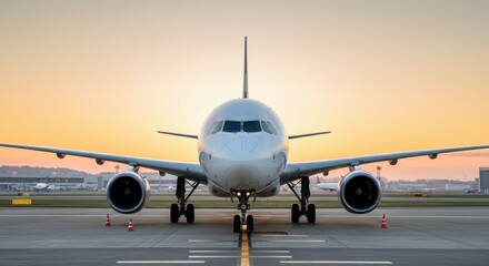 Airplane on runway at sunset, ready for takeoff