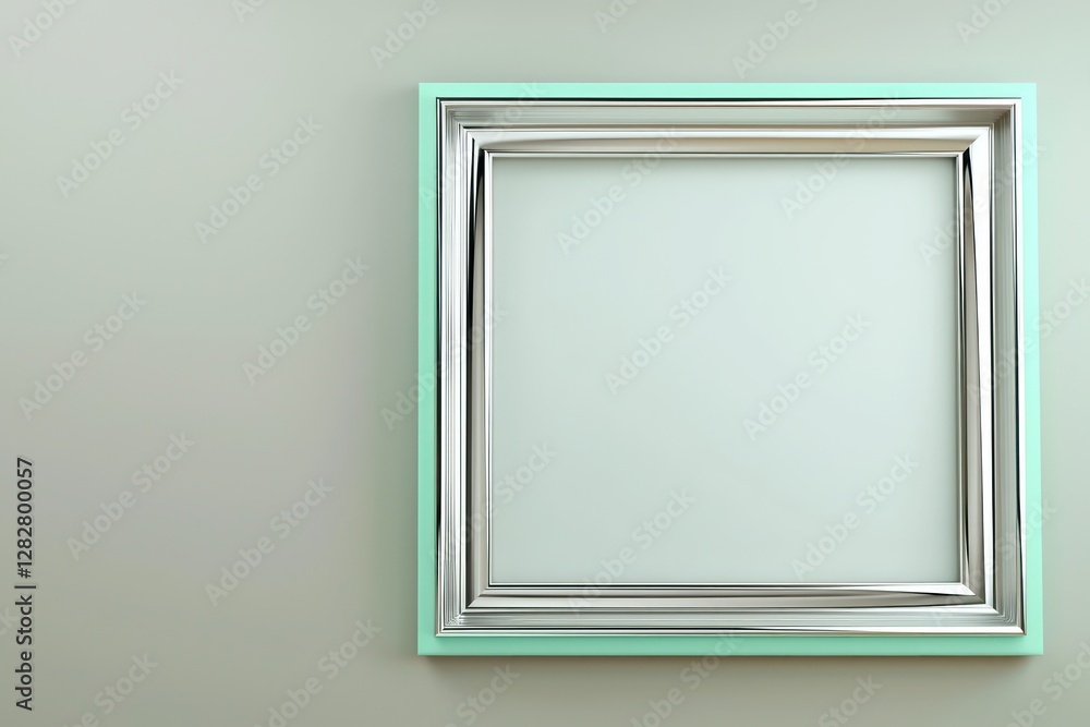 Poster soft mint edges encircle a clean silver frame in this ai-generated 3d render, placed against a muted