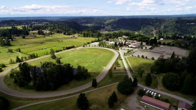 Drone footage of an event venue on a sunny day in Auburn city in King County, Washington, USA
