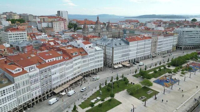 Aerial footage of the cityscape of A Coruna during daytime in the Galicia region of northwest Spain
